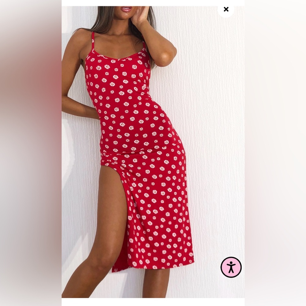 💋PrettyLittleThing Red Floral Jersey Split Cami Midi Dress